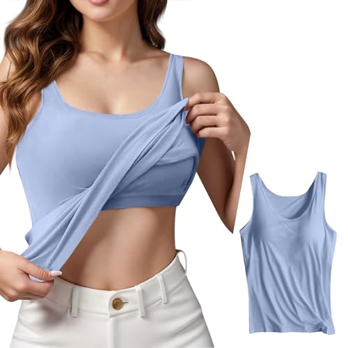 KONG JIMFAN Damen Unterhemd BH-Hemd Basic U-Ausschnitt Eingebauter BH Bügelloser Gepolstert Verstellbare Tank Tops mit Integriertem BH Ohne Bügel Einfarbig Bequeme Hemd Fitting Yoga BH(#B Hellblau,S) von KONG JIMFAN