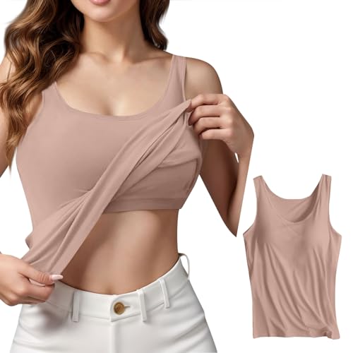 KONG JIMFAN Damen Unterhemd BH-Hemd Basic U-Ausschnitt Eingebauter BH Bügelloser Gepolstert Verstellbare Tank Tops mit Integriertem BH Ohne Bügel Einfarbig Bequeme Hemd Fitting Yoga BH(#B Khaki,L) von KONG JIMFAN