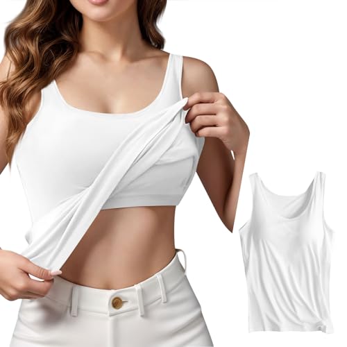 KONG JIMFAN Damen Unterhemd BH-Hemd Basic U-Ausschnitt Eingebauter BH Bügelloser Gepolstert Verstellbare Tank Tops mit Integriertem BH Ohne Bügel Einfarbig Bequeme Hemd Fitting Yoga BH(#B Weiß,XL) von KONG JIMFAN