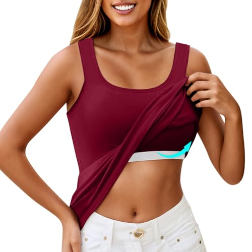 KONG JIMFAN Damen Unterhemd BH-Hemd Basic U-Ausschnitt Eingebauter BH Bügelloser Gepolstert Verstellbare Tank Tops mit Integriertem BH Ohne Bügel Einfarbig Bequeme Hemd Fitting Yoga BH(#C Wine,S) von KONG JIMFAN