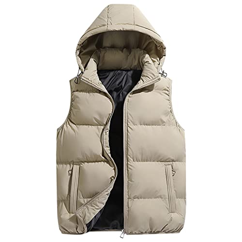 KONG JIMFAN Herren Winterjacke Sale Herren Steppweste Warm Bequeme Herren Weste mit Kapuze Outdoor Jacke Winterjacke Multi Taschened Ärmellose Jacke Übergangsweste Daunenweste(Khaki,S) von KONG JIMFAN