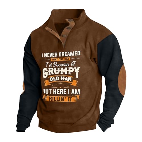 Pullover Herren Stehkragen Mit Knöpfen Pulli Sweatshirts Für Herren Drucken Tops Langarmshirt Basic Hoodie Herren Oversize Baggy Sweaters Weich Unterhemden Thermo Oberteil Sweatjacke(6-Brown,3XL) von KONG JIMFAN