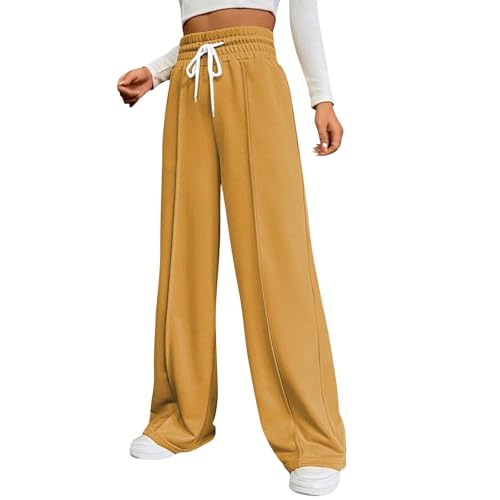 Jogginghose Damen Weite Sporthose Kordel Yogahose Baggy Freizeithose Lange Trainingshose Leicht Weich Sweatpants Einfarbig Joggpants High Waist Stoffhose Jogging Laufhosen Arbeitshose(Gelb,M) von KONG JIMFAN