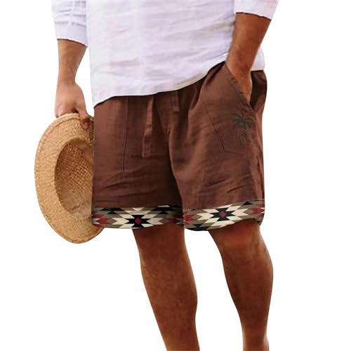 KONG JIMFAN Kurze Hosen Herren Leinen Short Hosen Retro Ethno Druck Hosen Elastische Taille Mit Kordelzug Lockere Passform Kurze Hosen Mit Taschen Loose Bermuda Sport Shorts Freizeithose(#B Brown,L) von KONG JIMFAN