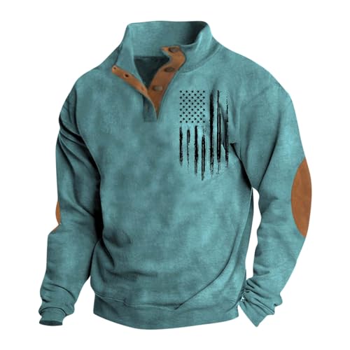 Pullover Herren Geknöpfter V-Ausschnitt Pulli Sweatshirt Ethnisch Bedruckt Top Sport Tshirts Basic Herren Hoodie Bequemes Sweaters Vintage Freizeithemden Für Herren Oberteils Sweatjacke(2-Cyan,3XL) von KONG JIMFAN
