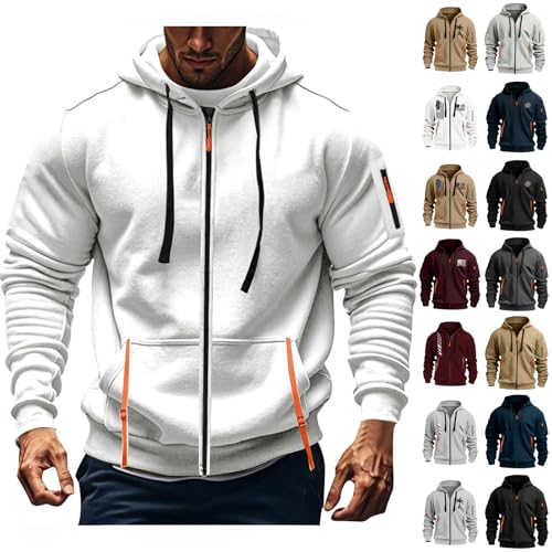 KONG JIMFAN Sweatjacke Herren Sweatshirts Für Zipper Weihnachtspullover Sommerjacke Ohne Kapuze Hoody Mit Hoodie Herren(#C White,XXL) von KONG JIMFAN