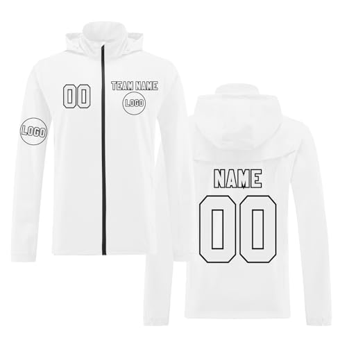 Trainingsjacke Personalisierte Übergangsjacke Unisex für Erwachsene Kinder,Mesh Futter Atmungsaktive Kapuzenjacke mit Zip Tasche Schnelltrocknende Sportjacke Fahrradjacke Teamtrikot(Weiß) von KONG JIMFAN
