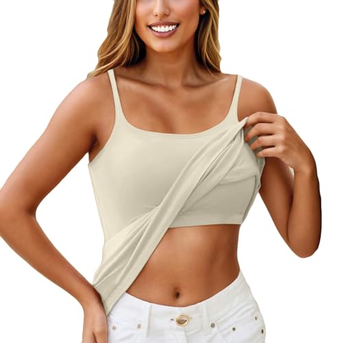 KONG JIMFAN Damen Unterhemd Tanktop Mit Integriertem BH, Spaghettiträgern, Polster, Ohne Bügel - Funktionsunterwäsche Sport Top T-Shirt Set (Khaki, 5XL) von KONG JIMFAN