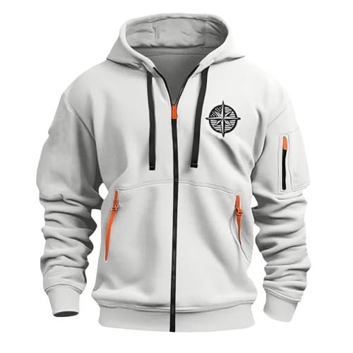 KONG JIMFAN Zipper Hoodie Herren Pullover Kapuzenpullover Für Oversized Strickjacke Sweatshirt Weihnachtspulli Herren(#H White,XL) von KONG JIMFAN