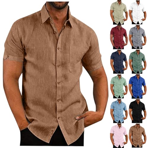 Leinenhemd Herren Kurzarm Hemd Button Down Linen Shirts Regular Fit Lässig Sommerhemd Atmungsaktiv Strandhemd Freizeithemden Einfarbig Tops Baumwolle Leinen Musselinhemd(Khaki,3XL) von KONG JIMFAN