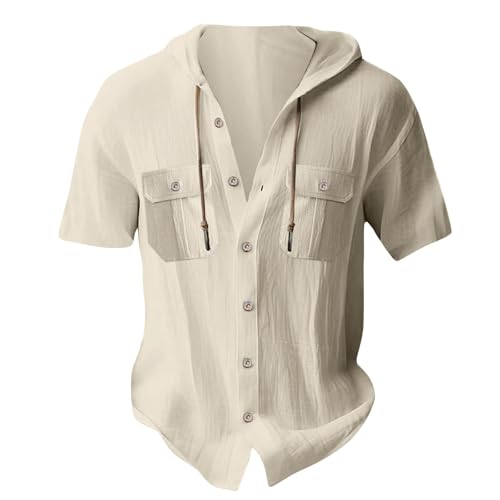 Leinenhemd Herren Kurzarm Hemden mit Kordelzug Kapuze Linen Shirt Button Down Sommerhemden Atmungsaktiv Strandshirt mit Tasche Freizeithemden Regular Fit Tshirts Leinen Musselinhemd(#C Khaki,M) von KONG JIMFAN