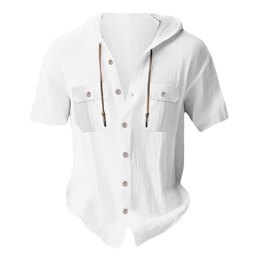 Leinenhemd Herren Kurzarm Hemden mit Kordelzug Kapuze Linen Shirt Button Down Sommerhemden Atmungsaktiv Strandshirt mit Tasche Freizeithemden Regular Fit Tshirts Leinen Musselinhemd(#C White,L) von KONG JIMFAN