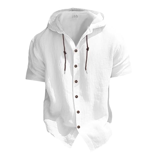 Leinenhemd Herren Kurzarm Hemden mit Kordelzug Kapuze Linen Shirt Button Down Sommerhemden Atmungsaktiv Strandshirt mit Tasche Freizeithemden Regular Fit Tshirts Leinen Musselinhemd(#D White,3XL) von KONG JIMFAN