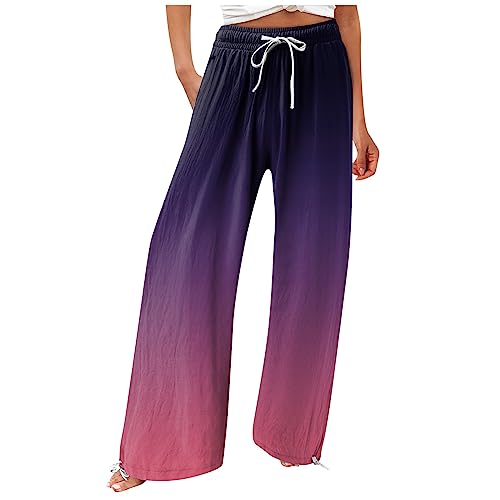 Leinenhose Damen Sommer Freizeithose Leinen Leicht Casual Yogahose Einfarbig Elegant Palazzo Hose Weites Bein Hose Baumwolle Bequeme Stoffhose Hohe Taille Strandhose mit Taschen(#7 Dark Purple,M) von KONG JIMFAN