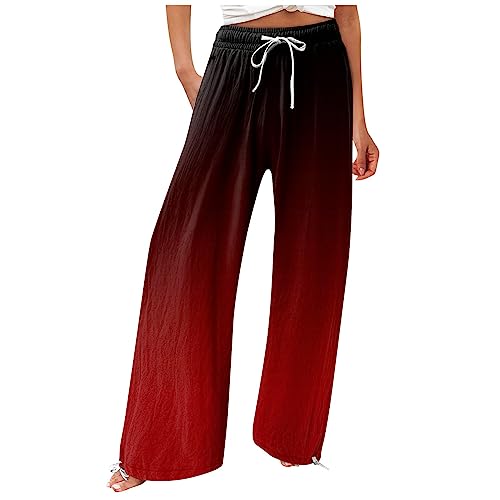 Leinenhose Damen Sommer Freizeithose Leinen Leicht Casual Yogahose Einfarbig Elegant Palazzo Hose Weites Bein Hose Baumwolle Bequeme Stoffhose Hohe Taille Strandhose mit Taschen(#7 Wine,L) von KONG JIMFAN