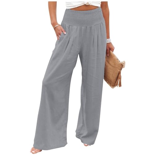 Leinenhose Damen Sommer Freizeithose Leinen Leicht Casual Yogahose Einfarbig Elegant Palazzo Hose Weites Bein Hose Baumwolle Bequeme Stoffhose Hohe Taille Strandhose mit Taschen(#A Grau,XXL) von KONG JIMFAN