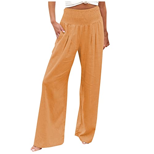 Leinenhose Damen Sommer Freizeithose Leinen Leicht Casual Yogahose Einfarbig Elegant Palazzo Hose Weites Bein Hose Baumwolle Bequeme Stoffhose Hohe Taille Strandhose mit Taschen(#B Light Brown,XL) von KONG JIMFAN