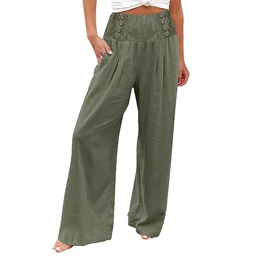 Leinenhose Damen Sommer Freizeithose Leinen Leicht Casual Yogahose Einfarbig Elegant Palazzo Hose Weites Bein Hose Baumwolle Bequeme Stoffhose Hohe Taille Strandhose mit Taschen(#C Army Green,M) von KONG JIMFAN