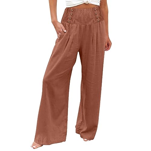 Leinenhose Damen Sommer Freizeithose Leinen Leicht Casual Yogahose Einfarbig Elegant Palazzo Hose Weites Bein Hose Baumwolle Bequeme Stoffhose Hohe Taille Strandhose mit Taschen(#C Vermilion,M) von KONG JIMFAN