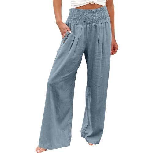 Leinenhose Damen Sommer Freizeithose Leinen Leicht Casual Yogahose Einfarbig Elegant Palazzo Hose Weites Bein Hose Baumwolle Bequeme Stoffhose Hohe Taille Strandhose mit Taschen(#D Blue,3XL) von KONG JIMFAN