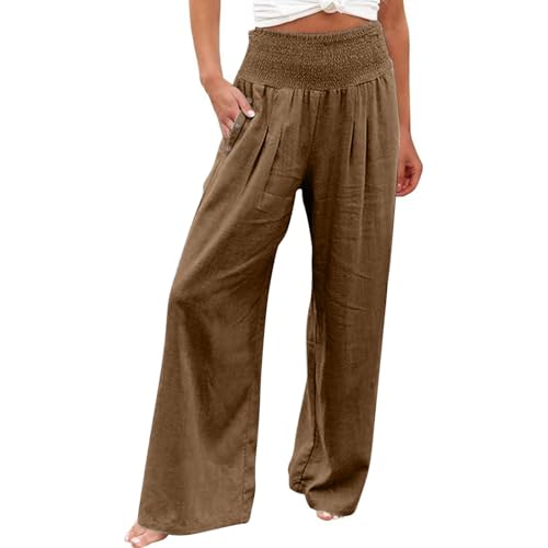 Leinenhose Damen Sommer Freizeithose Leinen Leicht Casual Yogahose Einfarbig Elegant Palazzo Hose Weites Bein Hose Baumwolle Bequeme Stoffhose Hohe Taille Strandhose mit Taschen(#D Khaki,S) von KONG JIMFAN
