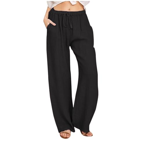 Leinenhose Damen Sommer Freizeithose Leinen Leicht Casual Yogahose Einfarbig Elegant Palazzo Hose Weites Bein Hose Baumwolle Bequeme Stoffhose Hohe Taille Strandhose mit Taschen(#E Black,3XL) von KONG JIMFAN