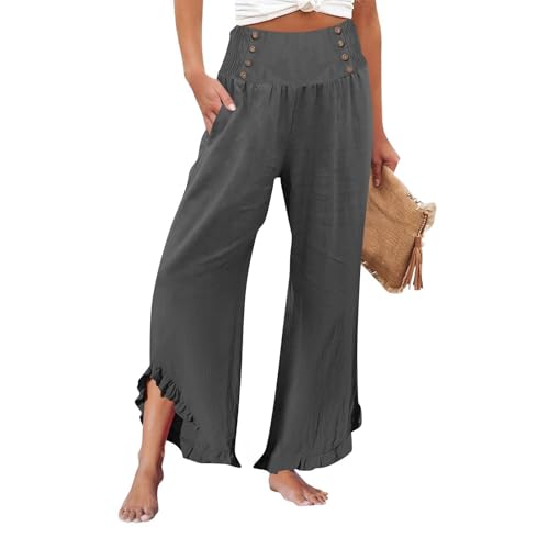 Leinenhose Damen Sommer Freizeithose mit Rüschensaum Leinen Leicht Yogahose Elegant Palazzo Hose Weites Bein Hose Baumwolle Bequeme Stoffhose Hohe Taille Strandhose mit Taschen(#C Dark Gray,S) von KONG JIMFAN