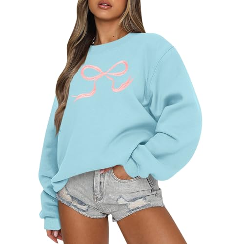 Pullover Damen Schleifendruck Pulli Damen Sweatshirt Damen Damen Pullover Matrosen Kostüm Damen Pullover Damen Elegant Pullover & Strickjacken Für Damen Rollkragenpullover Damen(#F Sky Blue,XL) von KONG JIMFAN