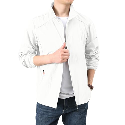Sommerjacke Herren Übergangsjacke Langarm Reißverschluss Übergröße Leicht Freizeitjacke Dünne Sportlich Allwetterjacke Winddicht Wasserdicht Kapuzenjacke Sonnenschutz Wanderjacke(Weiß,XXL) von KONG JIMFAN