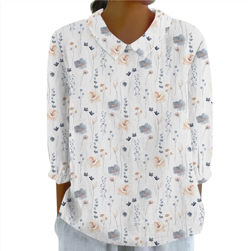 Sommerkleid Damen Leinenbluse Damen Musselin Bluse Shirt 3/4 Arm Damen Blusenshirt Revers Rundhals Oberteile Tshirt Freizeithemd Longshirt Damen Große Größen Damen Oberteile(#C White,5XL) von KONG JIMFAN