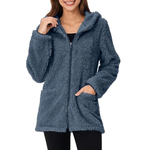 Teddyjacke Damen Reißverschluss Fleece Hoodie Warm Sweatshirt Fleecejacken mit Tasche Kapuzenpullover Sherpa Jacke Weiche Sweatjacke Teddyfleece Plüschjacke Komfortable Casual Pulli(#B Dunkelblau,M) von KONG JIMFAN