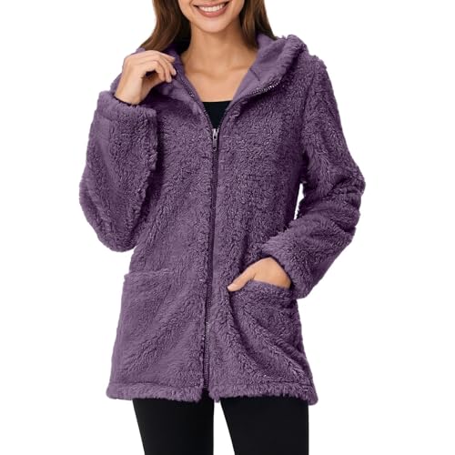 Teddyjacke Damen Reißverschluss Fleece Hoodie Warm Sweatshirt Fleecejacken mit Tasche Kapuzenpullover Sherpa Jacke Weiche Sweatjacke Teddyfleece Plüschjacke Komfortable Casual Pulli(#B Dark Purple,XL) von KONG JIMFAN