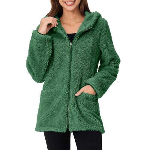 Teddyjacke Damen Reißverschluss Fleece Hoodie Warm Sweatshirt Fleecejacken mit Tasche Kapuzenpullover Sherpa Jacke Weiche Sweatjacke Teddyfleece Plüschjacke Komfortable Casual Pulli(#B Dark Green,S) von KONG JIMFAN