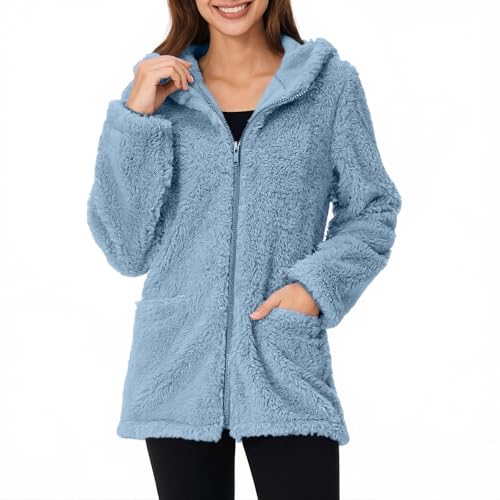 Teddyjacke Damen Reißverschluss Fleece Hoodie Warm Sweatshirt Fleecejacken mit Tasche Kapuzenpullover Sherpa Jacke Weiche Sweatjacke Teddyfleece Plüschjacke Komfortable Casual Pulli(#B Hellblau,S) von KONG JIMFAN