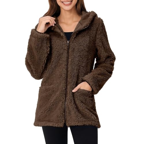 Teddyjacke Damen Reißverschluss Fleece Hoodie Warm Sweatshirt Fleecejacken mit Tasche Kapuzenpullover Sherpa Jacke Weiche Sweatjacke Teddyfleece Plüschjacke Komfortable Casual Pulli(#B Kaffee,S) von KONG JIMFAN