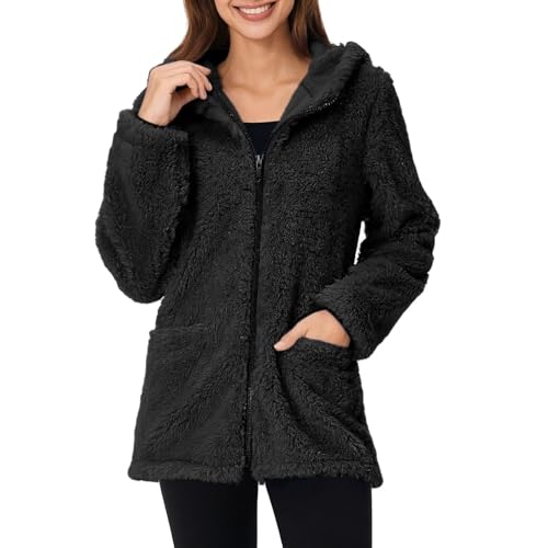 Teddyjacke Damen Reißverschluss Fleece Hoodie Warm Sweatshirt Fleecejacken mit Tasche Kapuzenpullover Sherpa Jacke Weiche Sweatjacke Teddyfleece Plüschjacke Komfortable Casual Pulli(#B Schwarz,S) von KONG JIMFAN