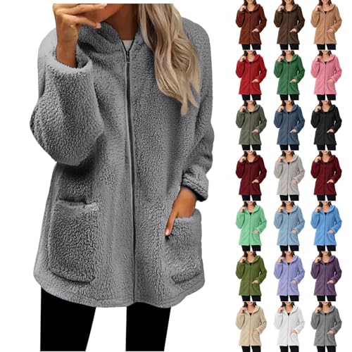 Teddyjacke Damen Reißverschluss Fleece Hoodie Warm Sweatshirt Fleecejacken mit Tasche Kapuzenpullover Winter Sherpa Jacke Weiche Sweatjacke Teddyfleece Plüschjacke Komfortable Casual Pulli(#A Grau,XL) von KONG JIMFAN