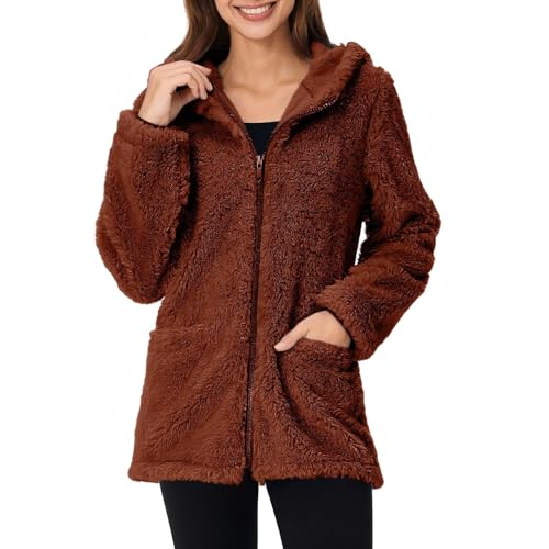 Teddyjacke Damen Reißverschluss Fleece Hoodie Warm Sweatshirt Fleecejacken mit Tasche Kapuzenpullover Winter Sherpa Jacke Weiche Sweatjacke Teddyfleece Plüschjacke Komfortable Casual Pulli(#B Braun,M) von KONG JIMFAN