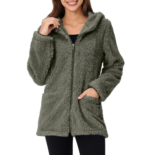 Teddyjacke Damen Reißverschluss Fleece Hoodie Warm Sweatshirt Fleecejacken mit Tasche Kapuzenpullover Winter Sherpa Jacke Weiche Sweatjacke Teddyfleece Plüschjacke Komfortable Casual Pulli(#B Grün,L) von KONG JIMFAN