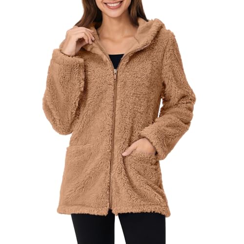 Teddyjacke Damen Reißverschluss Fleece Hoodie Warm Sweatshirt Fleecejacken mit Tasche Kapuzenpullover Winter Sherpa Jacke Weiche Sweatjacke Teddyfleece Plüschjacke Komfortable Casual Pulli(#B Khaki,S) von KONG JIMFAN