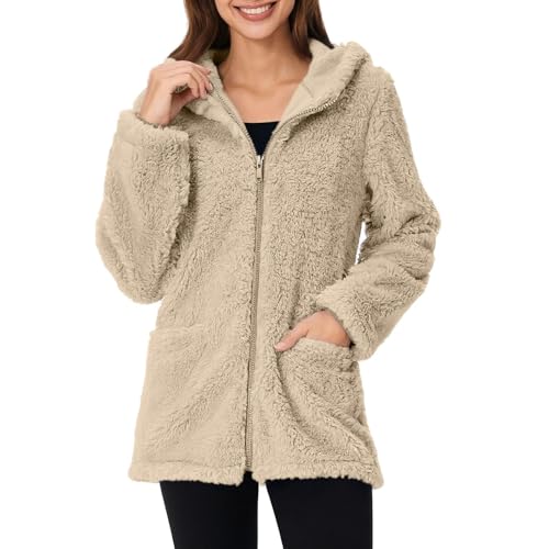 Teddyjacke Damen Reißverschluss Fleece Hoodie Warm Sweatshirt Fleecejacken mit Tasche Kapuzenpullover Winter Sherpa Jacke Weiche Sweatjacke Teddyfleece Plüschjacke Komfortable Casual Pulli(#B Beige,M) von KONG JIMFAN