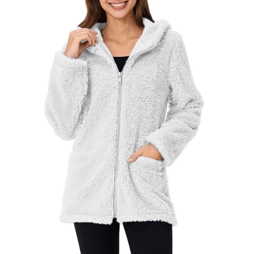 Teddyjacke Damen Reißverschluss Fleece Hoodie Warm Sweatshirt Fleecejacken mit Tasche Kapuzenpullover Winter Sherpa Jacke Weiche Sweatjacke Teddyfleece Plüschjacke Komfortable Casual Pulli(#B Weiß,M) von KONG JIMFAN