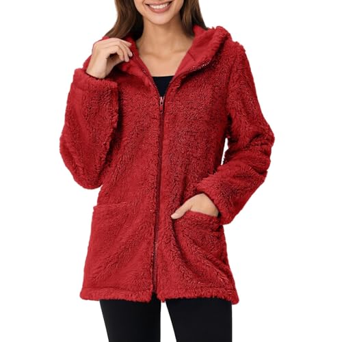 Teddyjacke Damen Reißverschluss Fleece Hoodie Warm Sweatshirt Fleecejacken mit Tasche Kapuzenpullover Winter Sherpa Jacke Weiche Sweatjacke Teddyfleece Plüschjacke Komfortable Casual Pulli(#B Rot,M) von KONG JIMFAN