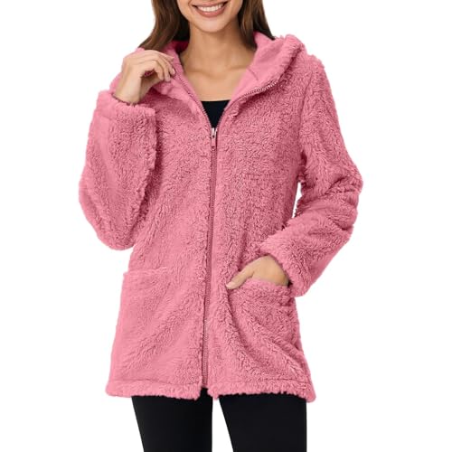 Teddyjacke Damen Reißverschluss Fleece Hoodie Warm Sweatshirt Fleecejacken mit Tasche Kapuzenpullover Winter Sherpa Jacke Weiche Sweatjacke Teddyfleece Plüschjacke Komfortable Casual Pulli(#B Rosa,M) von KONG JIMFAN