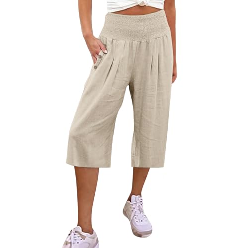 angebote des tages heute,Leinenhose Damen 3/4 hose Sommerhose Leinen Leicht Freizeithose Yogahose Einfarbig Palazzo Hose Weites Bein Hose Bequeme Stoffhose Strandhose mit Taschen(#C Beige,XXL) von KONG JIMFAN