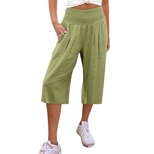 angebote des tages heute,Leinenhose Damen 3/4 hose Sommerhose Leinen Leicht Freizeithose Yogahose Einfarbig Palazzo Hose Weites Bein Hose Bequeme Stoffhose Strandhose mit Taschen(#C Green,XXL) von KONG JIMFAN