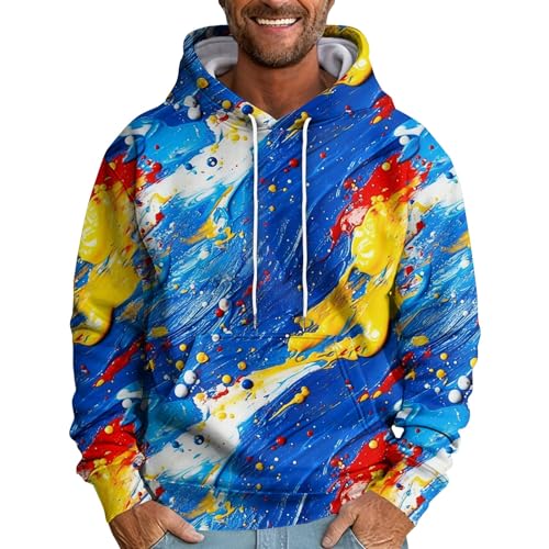 Hoodie Herren Druck Sweatshirts mit Kordelzug Kapuze Langarm Pullover mit Taschen Oberteile Autumn Winter 2024 Sportjacke Baumwolle Bequeme Pulli Casual Loose Pulli Geschenke Für Männer(#D Blue,XXL) von KONG JIMFAN