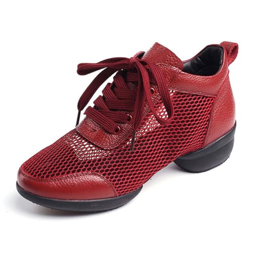 KONJACLY Damen Mesh Tanzschuhe Schnürung Atmungsaktive Tanzschuhe Damen Walking Sport Sneakers,Rot,38 EU von KONJACLY
