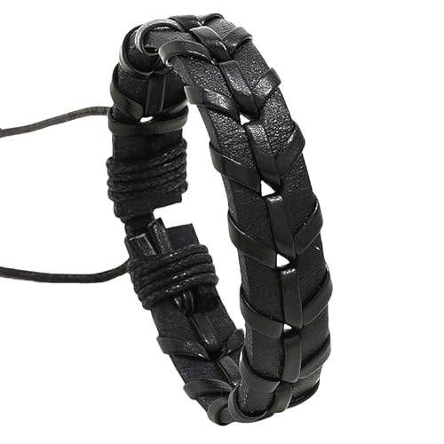 KONJEELIO Lederarmband Für Männer, Geflochtenes Vintage Armband, Einfarbig, Gewebtes Lederseil, Verstellbare Manschettenarmbänder, Punk Charm Schmuck, Geschenkidee Für Männer Und Frauen, Schwarz von KONJEELIO