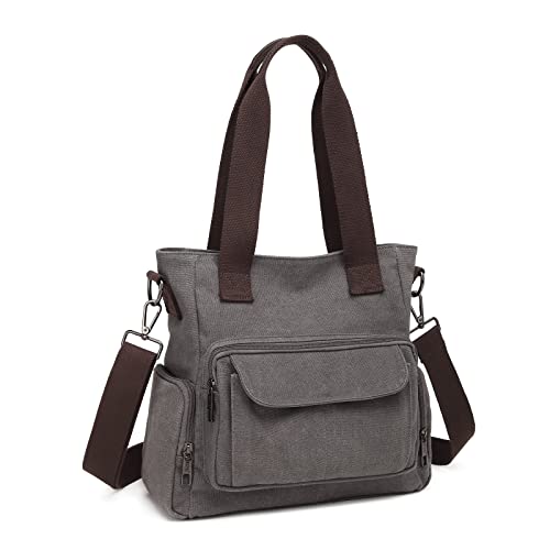 KONO Canvas Damen Handtasche Casual Hobo Umhängetasche Top Griff Umhängetasche Tote Umhängetaschen für Arbeit, Reisen, Einkaufen (Grau) von KONO